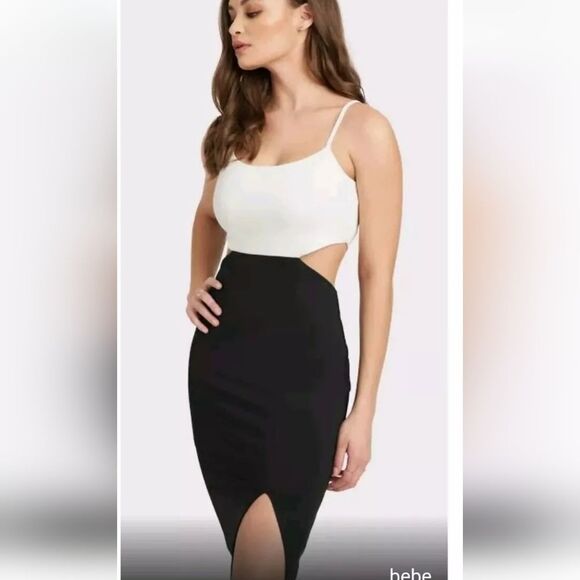 NWT Bebe Side Cut Out Midi Slit Dress - Black And White - Picture 4 of 9